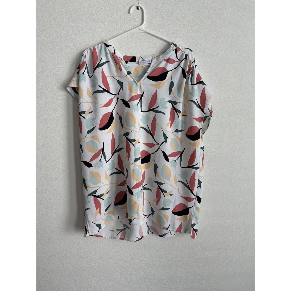 Liz Claiborne XL Multicolor Leaf Print V-Neck Short Sleeve Blouse Top